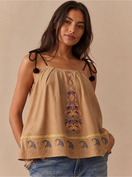 Endless Rose Tops - Endless Rose Embroidered Pom Pom Tie Strap Swing Tank Top Boho Festival S